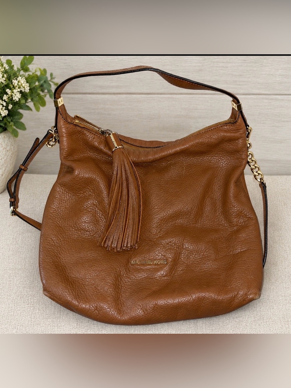 Michael Kors Slouch Cross Body Shoulder Bag Tassel Pebbled Brown Leather Hobo
